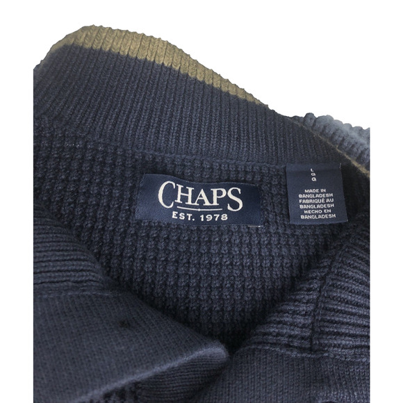 Chaps‎ Men's Sweater Large Cable Knit Mock Neck Quarter Button Pullover Blue - Picture 5 of 14